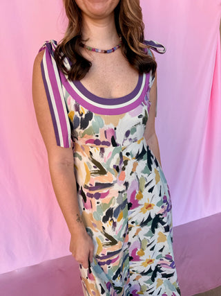 Abstract Floral Tie-Shoulder Midi Dress