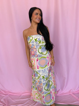 woman wearing strapless dress