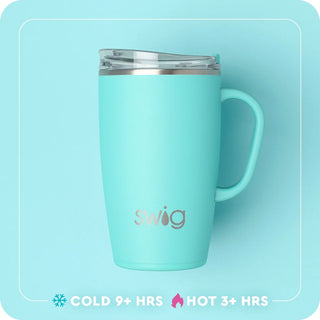 A mint green insulated travel tumbler with a clear lid and a silver 'swig' logo on the front, set against a matching mint green background with promotional text at the bottom.