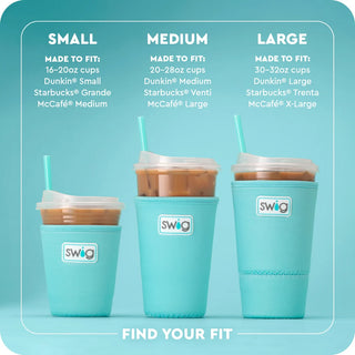 Three turquoise Swig cups of different sizes with drink illustrations on a light blue background.