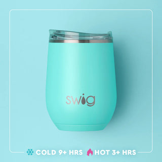 Turquoise tumbler with 'Swig' logo on a light blue background