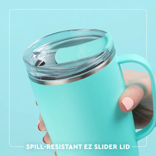 Turquoise tumbler with a spill-resistant EZ slider lid on a light blue background