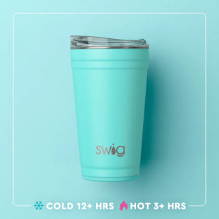 Turquoise tumbler with 'swig' logo on a light blue background