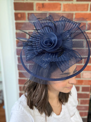 Navy Mesh & Flower Fascinator