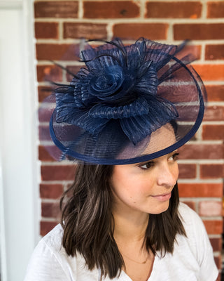 Navy Mesh & Flower Fascinator
