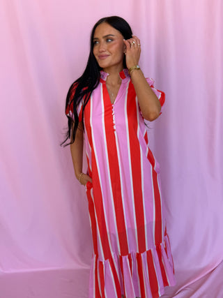 Woman wearing a striped dress