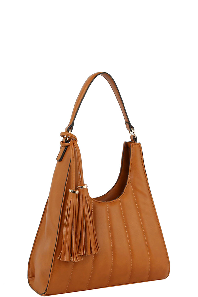 Cognac Curved Tassel Tote