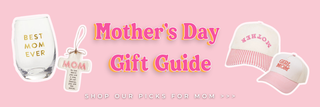 Mother's Day gift guide banner with products and text on a pink background