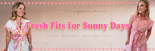 Two women in summer outfits with promotional text 'Fresh Fits for Sunny Days' and 'Shop Summer Styles' on a pink banner.