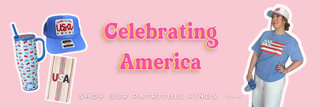 Promotional banner celebrating America with patriotic items on a pink background