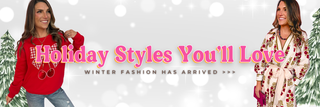 Two women in winter clothing with text 'Holiday Styles You'll Love' and 'Winter Fashion Has Arrived' on a snowy background.