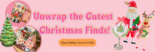 Promotional banner for Christmas decor and gifts with Santa Claus, reindeer, and Christmas tree on a pink background.