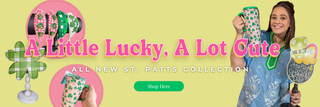 Promotional banner for a new 'ST. PATTS' collection with a woman holding green patterned items against a pink background.