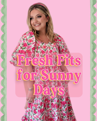 Woman wearing a floral dress with text 'Fresh Fits for Sunny Days' on a pink background