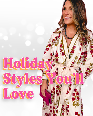 Woman wearing a floral dress with text 'Holiday Styles You'll Love' on a white background
