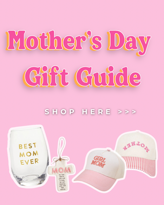 Promotional graphic for Mother's Day gift guide with products on a pink background