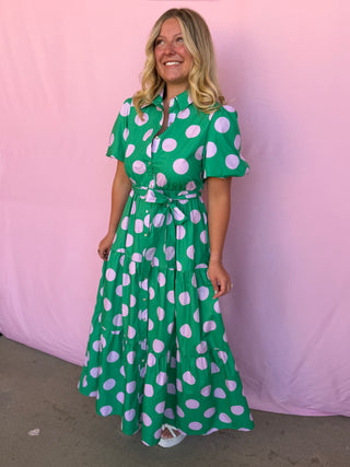 Green maxi dress with polka dots