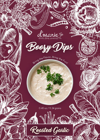 Product packaging for 'Boozy Dips' roasted garlic flavor on a maroon background with white illustrations.