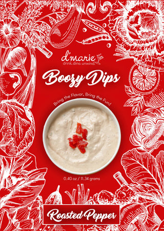 Product packaging for d'marie Boozy Dips with roasted pepper flavor on a red background.