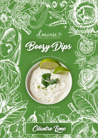 Product packaging for 'Boozy Dips' with a cilantro lime flavor on a green background with white illustrations.