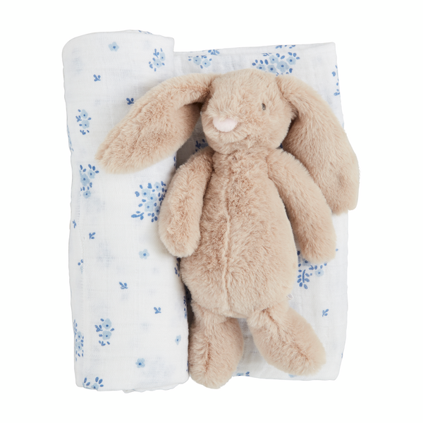 Ditsy Floral Swaddle & Bunny Rattle Set