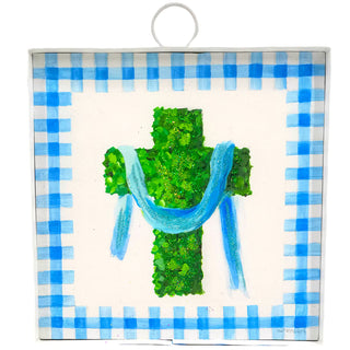 Green cross with blue ribbon on a blue and white checkered background