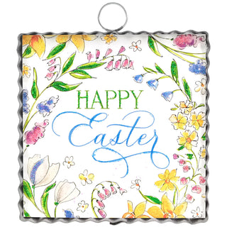 Decorative sign with floral designs and 'Happy Easter' text on a white background