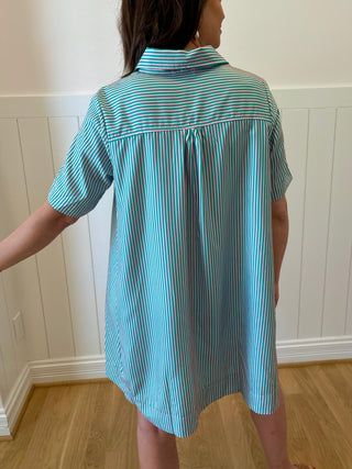 Person wearing a blue and white striped dress against a white paneled wall.