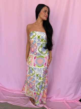 woman wearing strapless dress