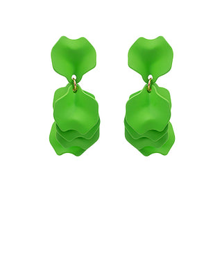 Green petal-shaped earrings on a white background