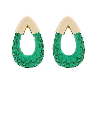 Green earrings with gold accents on a white background