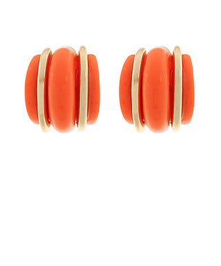 Pair of orange earrings with gold accents on a white background