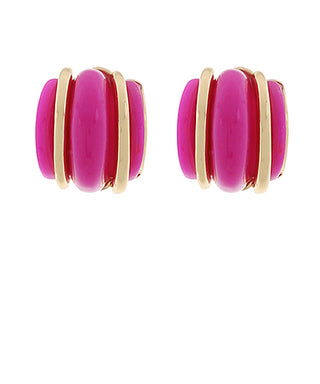 Pair of pink earrings with gold accents on a white background