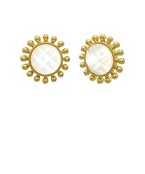 Gold earrings with a central gemstone on a white background