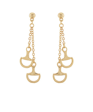Gold equestrian-themed earrings on a white background