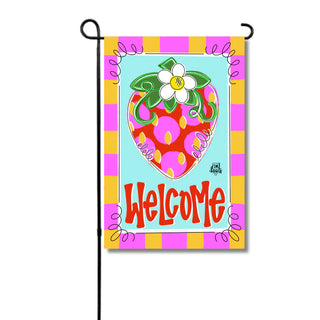 Colorful garden flag with a strawberry design and 'Welcome' text on a white background