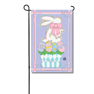 Decorative garden flag with an Easter bunny design on a white background