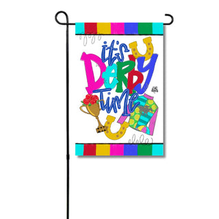 Colorful garden flag with 'It's Derby Time' text and horse racing elements on a white background.