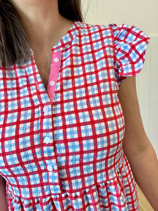 Red and blue checkered dress with a white background
