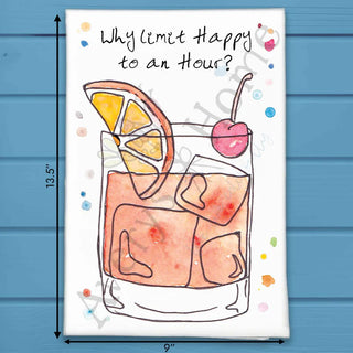 Illustration of a cocktail with a cherry and orange slice on a white background, with text 'Why limit happy to an hour?'