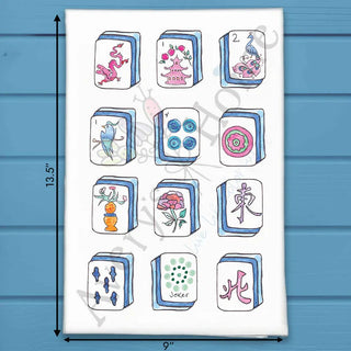 Set of colorful Mahjong tiles on a white background with dimensions indicated.