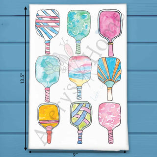 Colorful paddle illustrations on a white background with dimensions indicated.