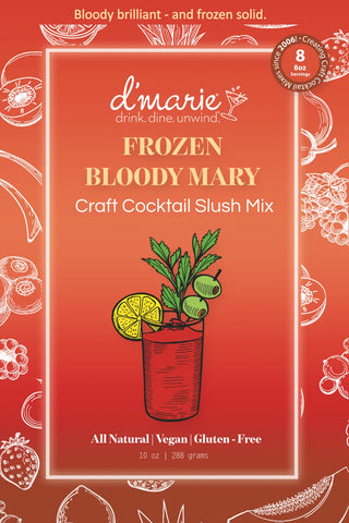 Box of d'marie Frozen Bloody Mary cocktail mix with illustrations of ingredients on a red background.