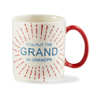 Mug with red handle and text 'You put the grand in grandpa' on a white background