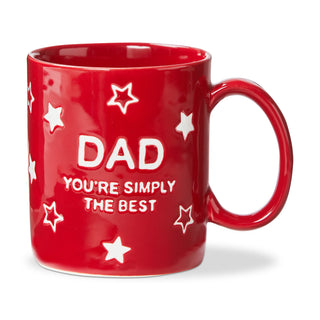 Red mug with 'DAD YOU'RE SIMPLY THE BEST' text and star patterns on a white background