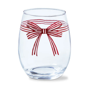 Clear glass with a red bow design on a white background