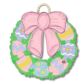 Decorative Easter wreath with colorful eggs and a pink bow on a white background