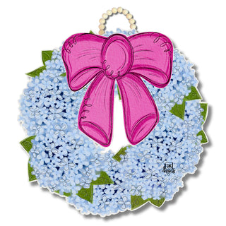 Wreath with pink bow and blue flowers on a white background