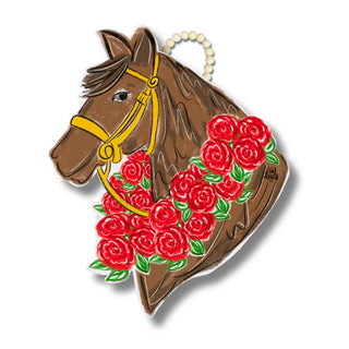 Decorative door hanger with a horse head design and red roses on a white background