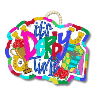 Colorful decorative sign with 'It's Derby Time' text and horse-themed graphics on a white background.